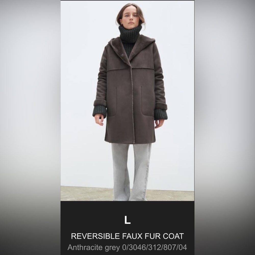 Zara Faux Fur Gray Hoodie Reversible Sz L Coat Jacket 3046/274